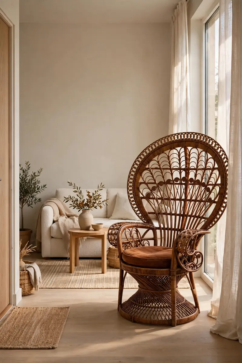 Sculptural vintage rattan peacock chair as a statement piece in a neutral studio apartment