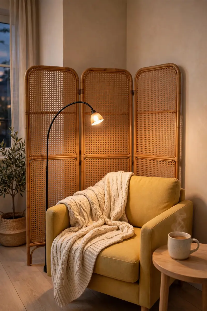 Cozy reading nook corner with rattan folding screen, armchair and floor lamp