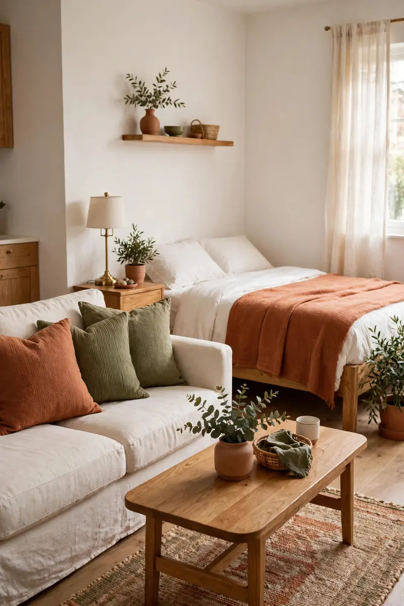 Studio apartment styled in one cohesive palette of warm white, terracotta and olive