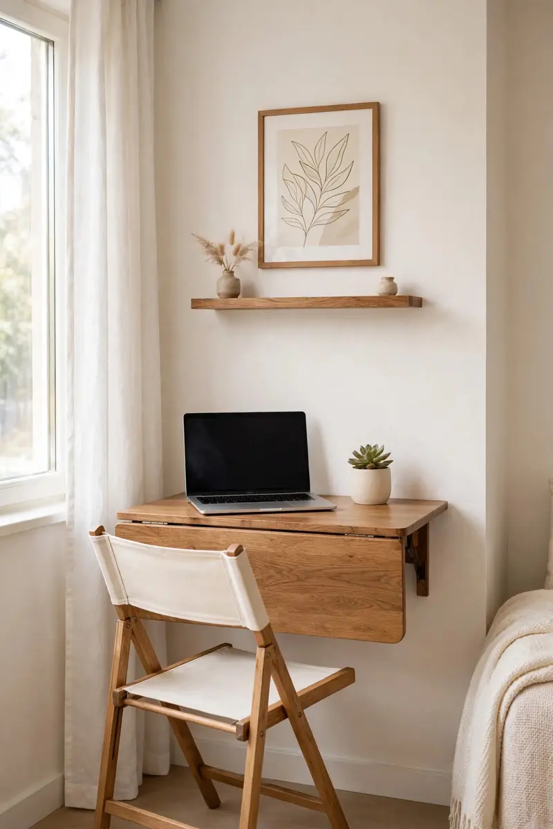 Wall-mounted drop-leaf desk folded down as a compact home office in a studio