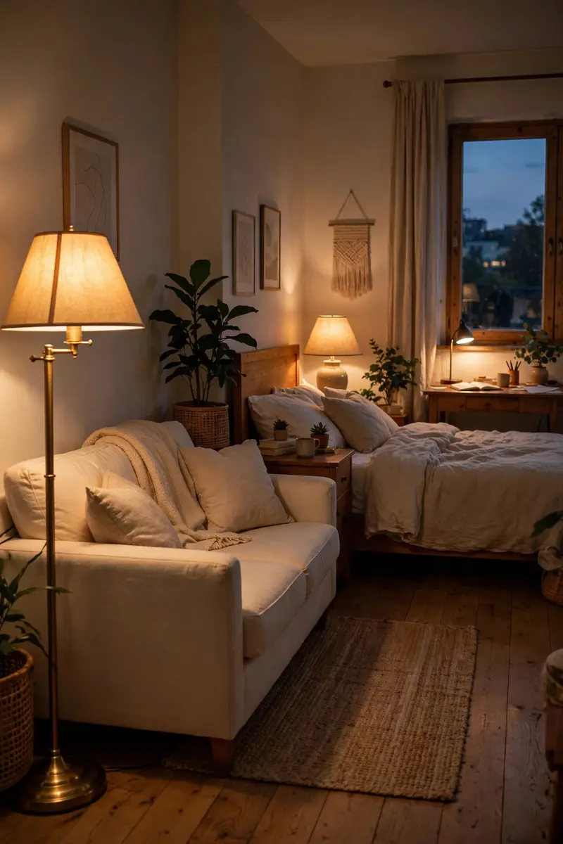 Studio apartment at dusk lit by layered warm lamps in each zone