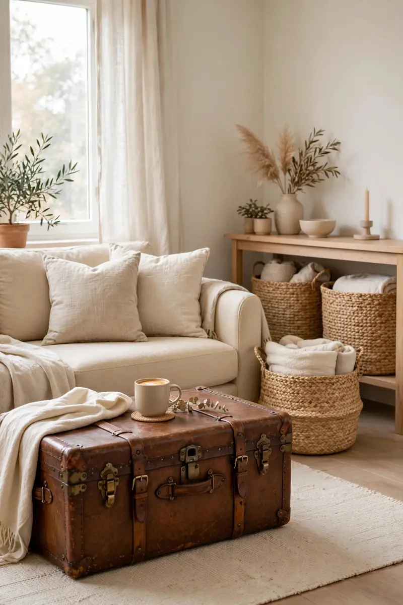 Vintage leather trunk coffee table and woven baskets hiding storage in a studio apartment