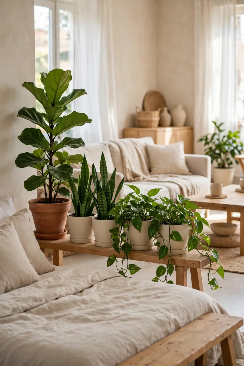 Tall houseplants in terracotta and cream pots dividing studio sleeping and living zones