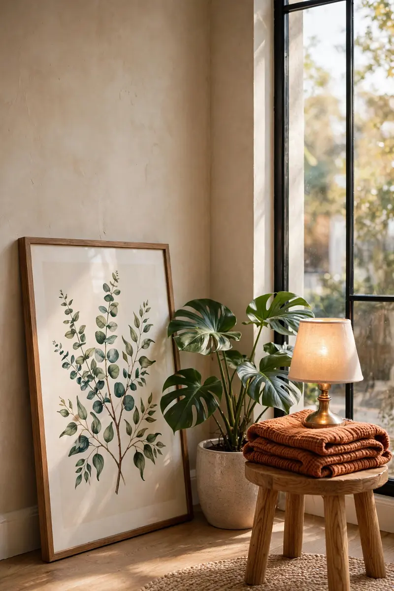 Styled hero corner with framed botanical art, monstera plant and glowing table lamp near a window
