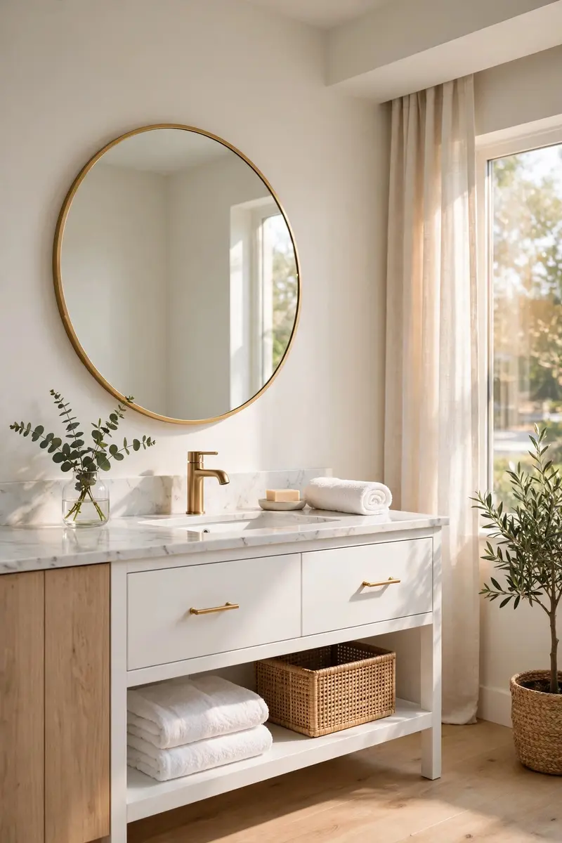 Large round mirror with gold frame above a white bathroom vanity, a classic bathroom wall decor idea