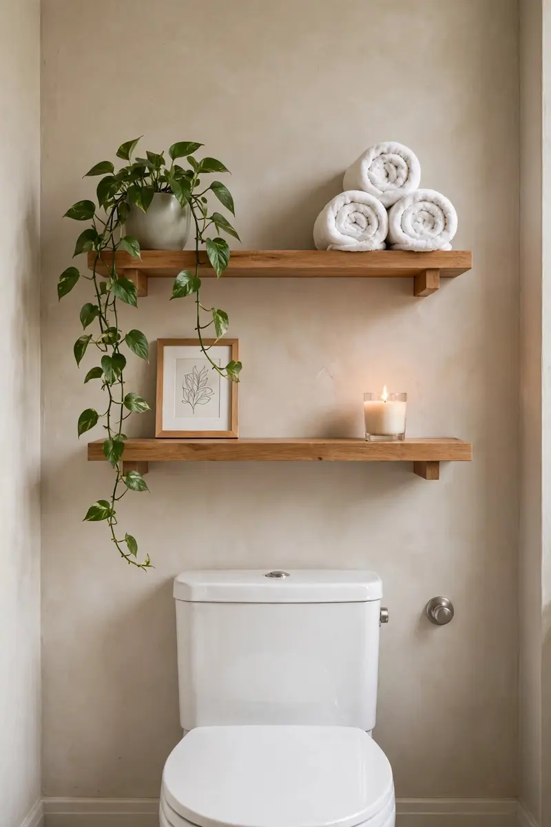 Floating shelves styled with a plant and rolled towels, a practical bathroom wall decor idea