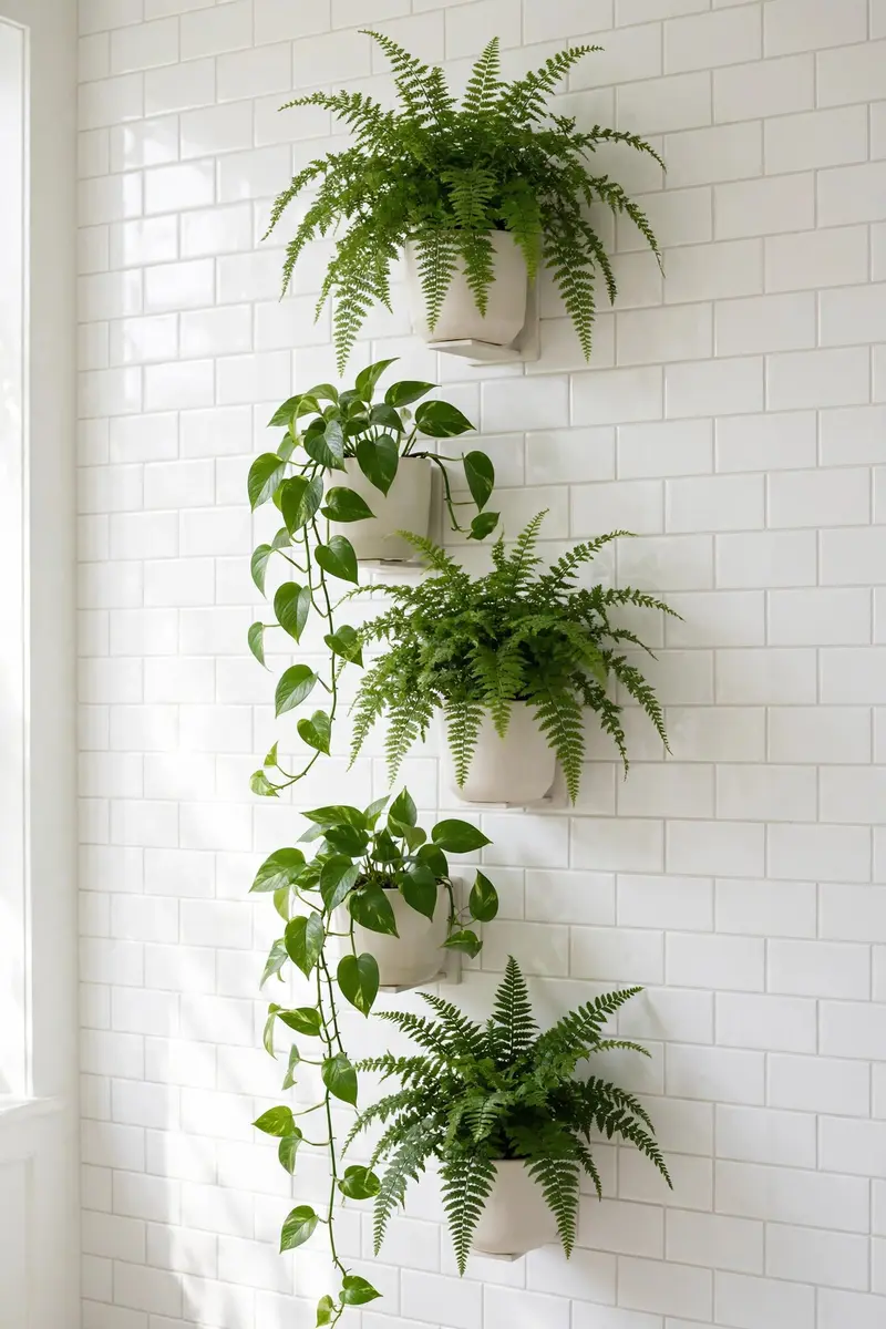 Wall-mounted ceramic planters with green plants on a bathroom wall