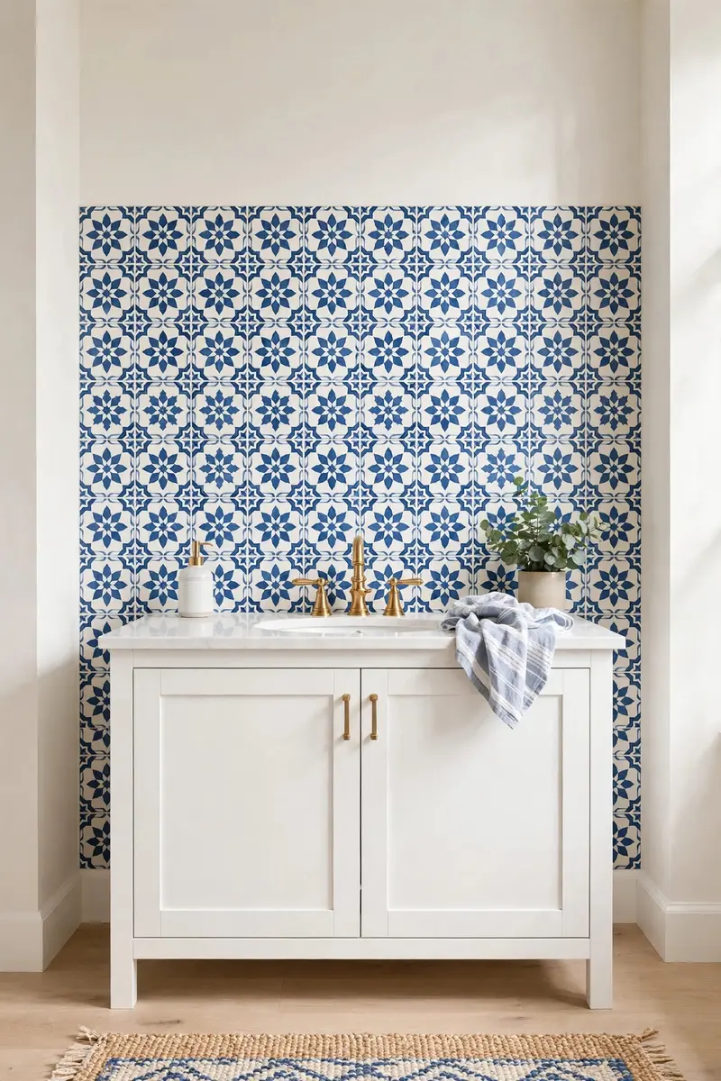 Peel-and-stick patterned tile accent wall behind a bathroom vanity
