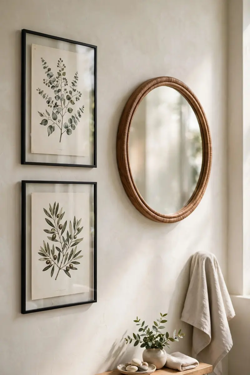 Framed botanical art prints on a bathroom wall beside a round mirror