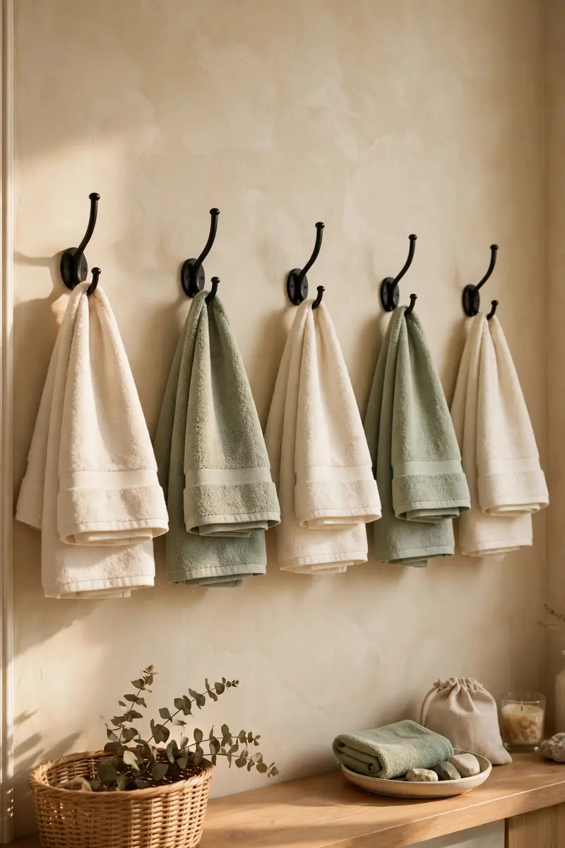 Black decorative wall hooks with folded towels as bathroom wall decor