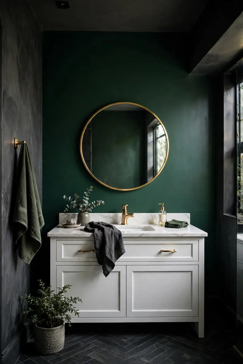 Deep green accent wall behind a bathroom vanity