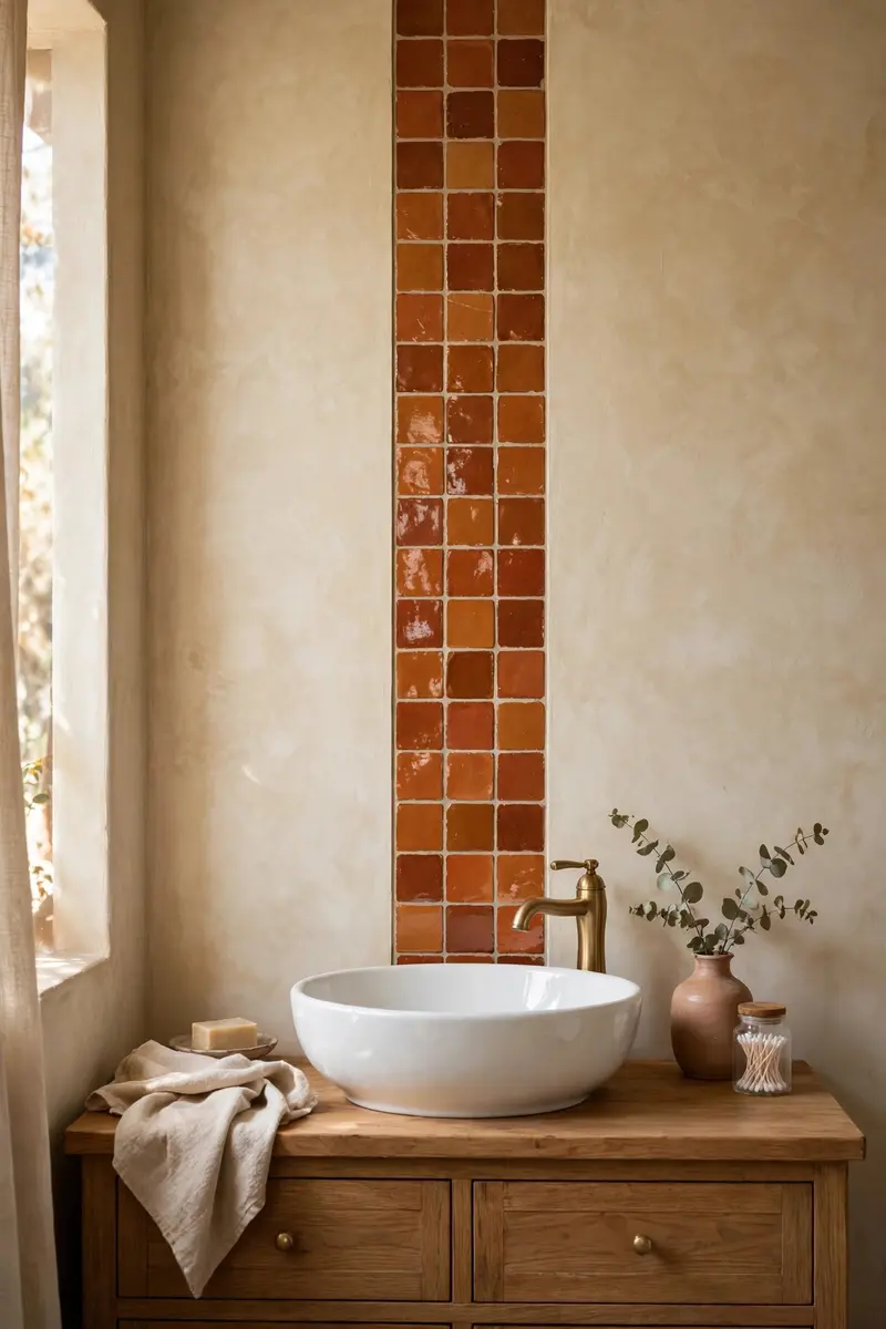 Glossy zellige tile feature strip behind a bathroom sink