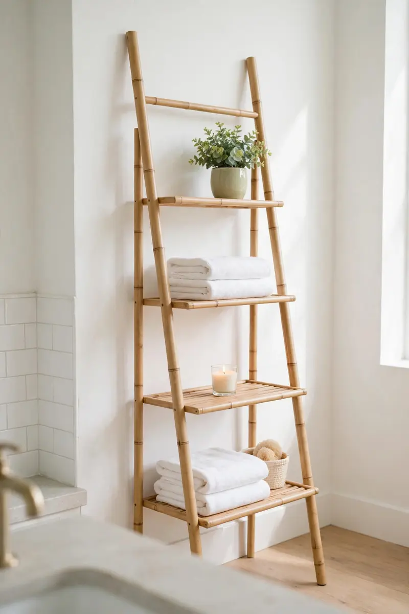 Bamboo ladder shelf with towels and a plant leaning on a bathroom wall