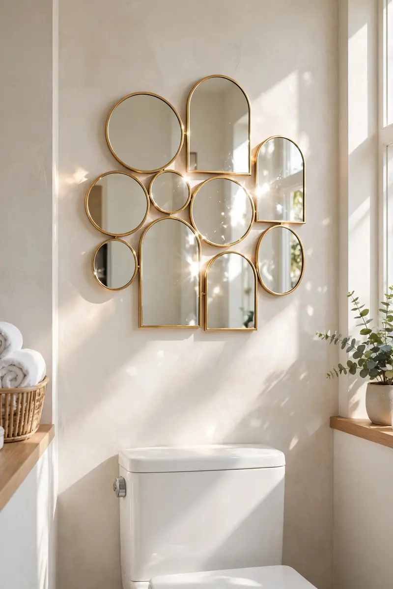 Cluster of small mirrors in mixed shapes on a bathroom wall