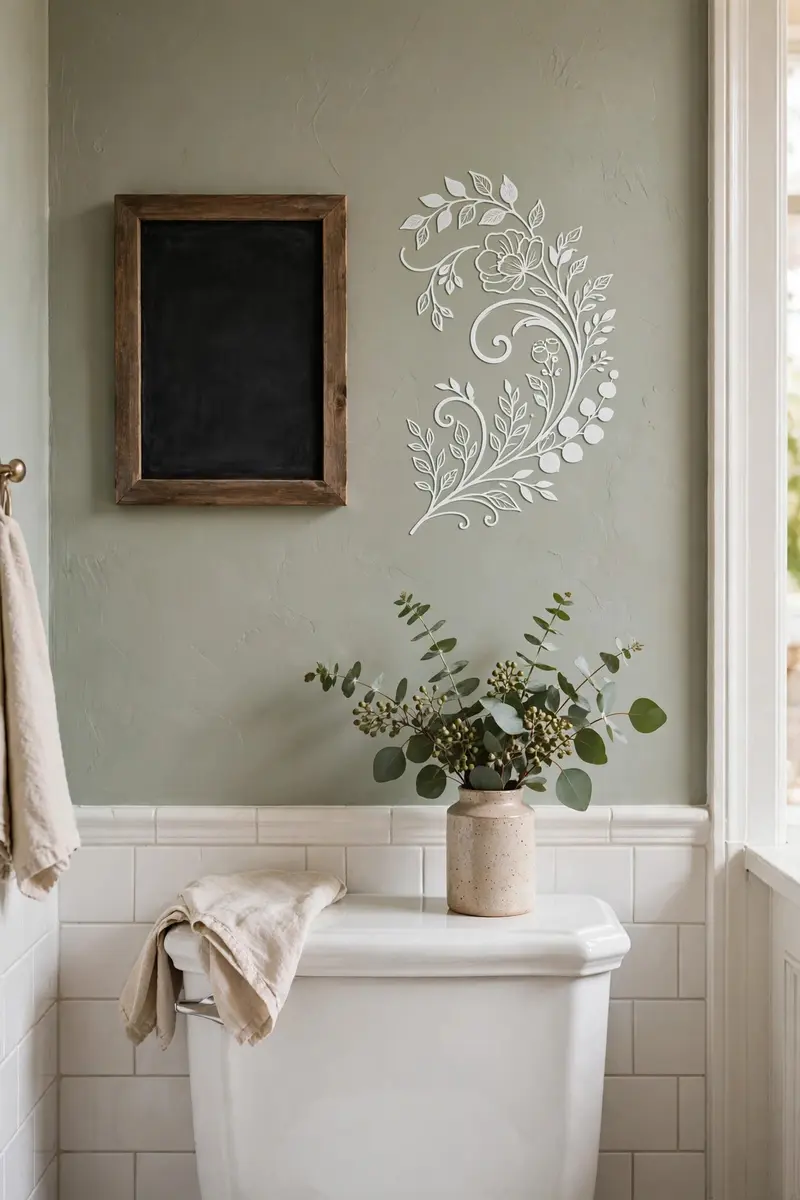 Framed chalkboard sign and wall quote decal above a toilet
