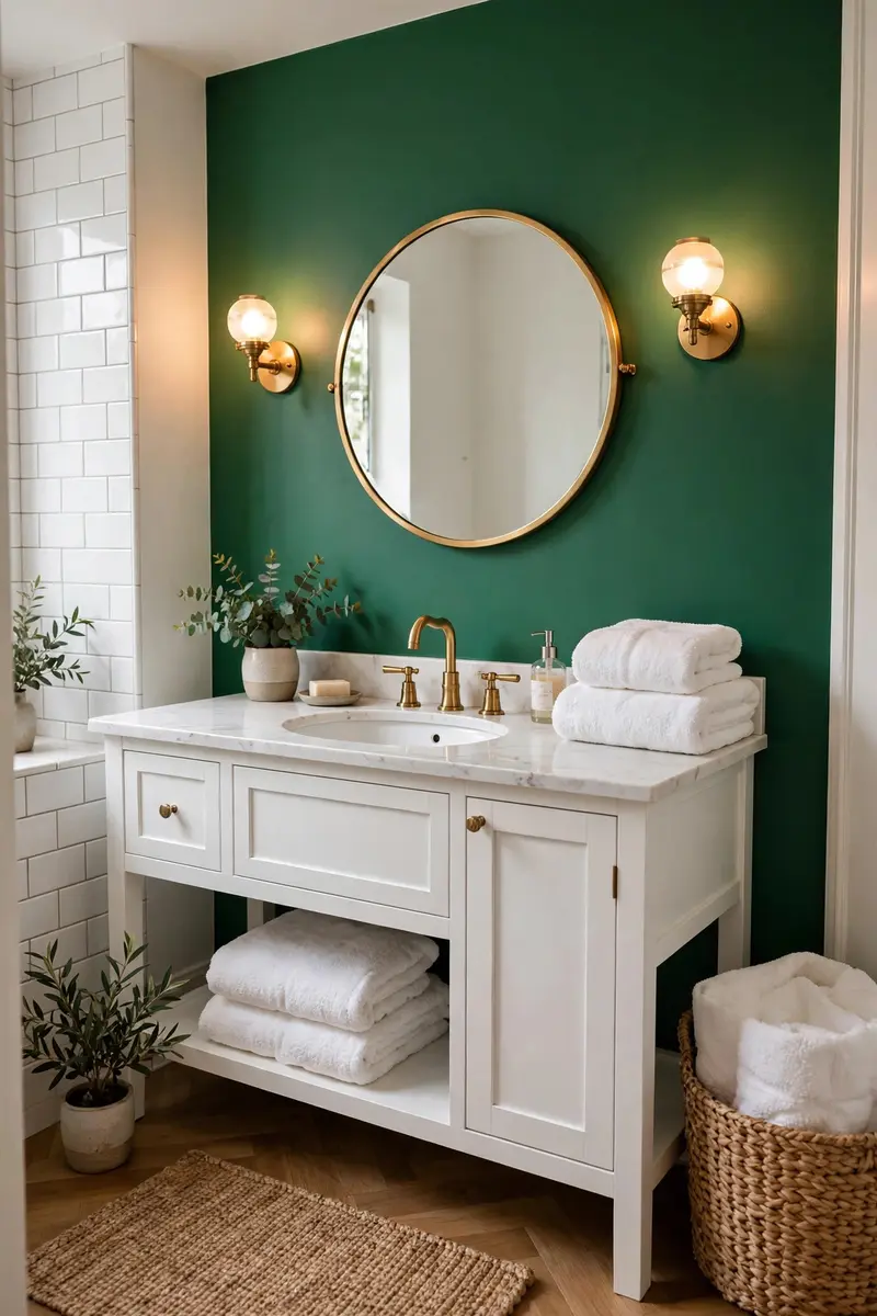 Bathroom with bold emerald green painted accent wall, an easy DIY bathroom decor idea
