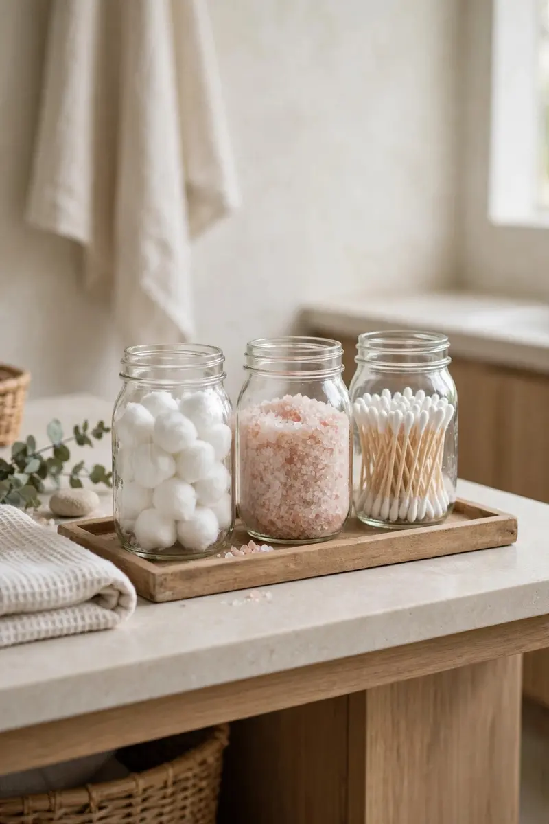 Glass mason jars organizing cotton balls, a cheap DIY bathroom decor idea