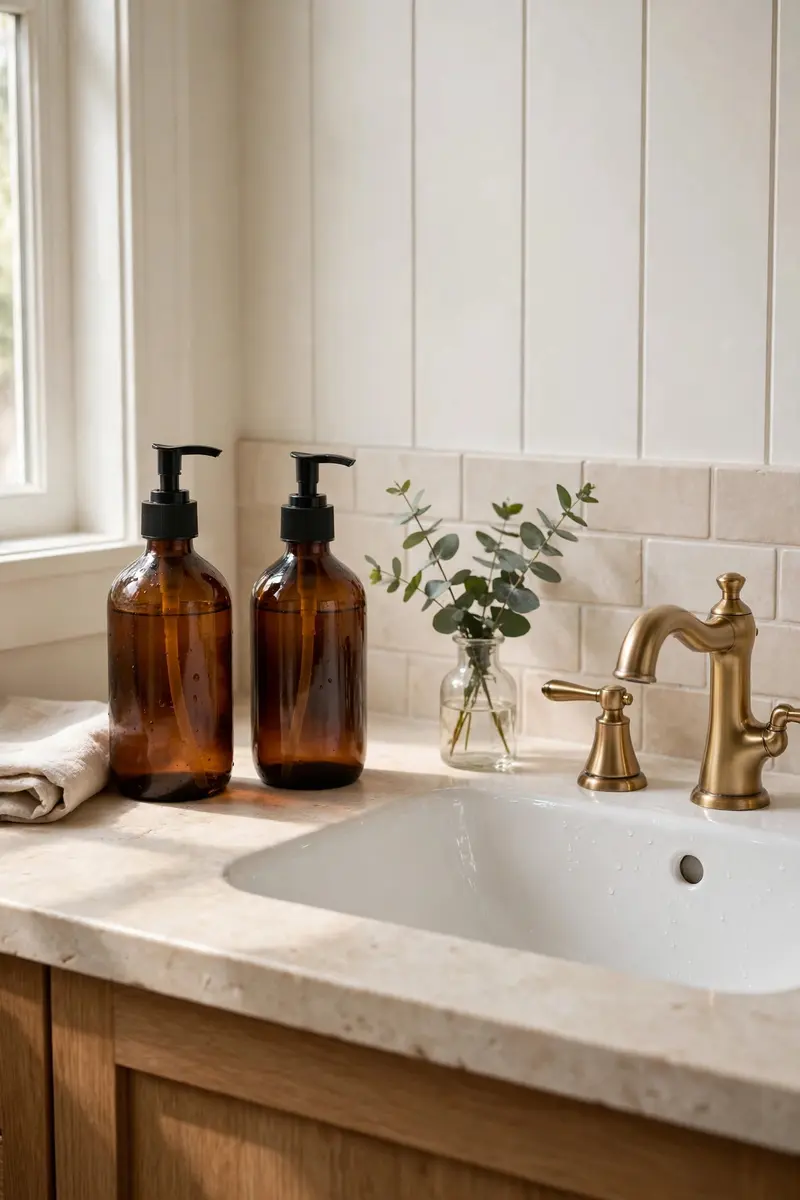 Amber glass bottles with black pump tops as soap dispensers beside a bathroom sink