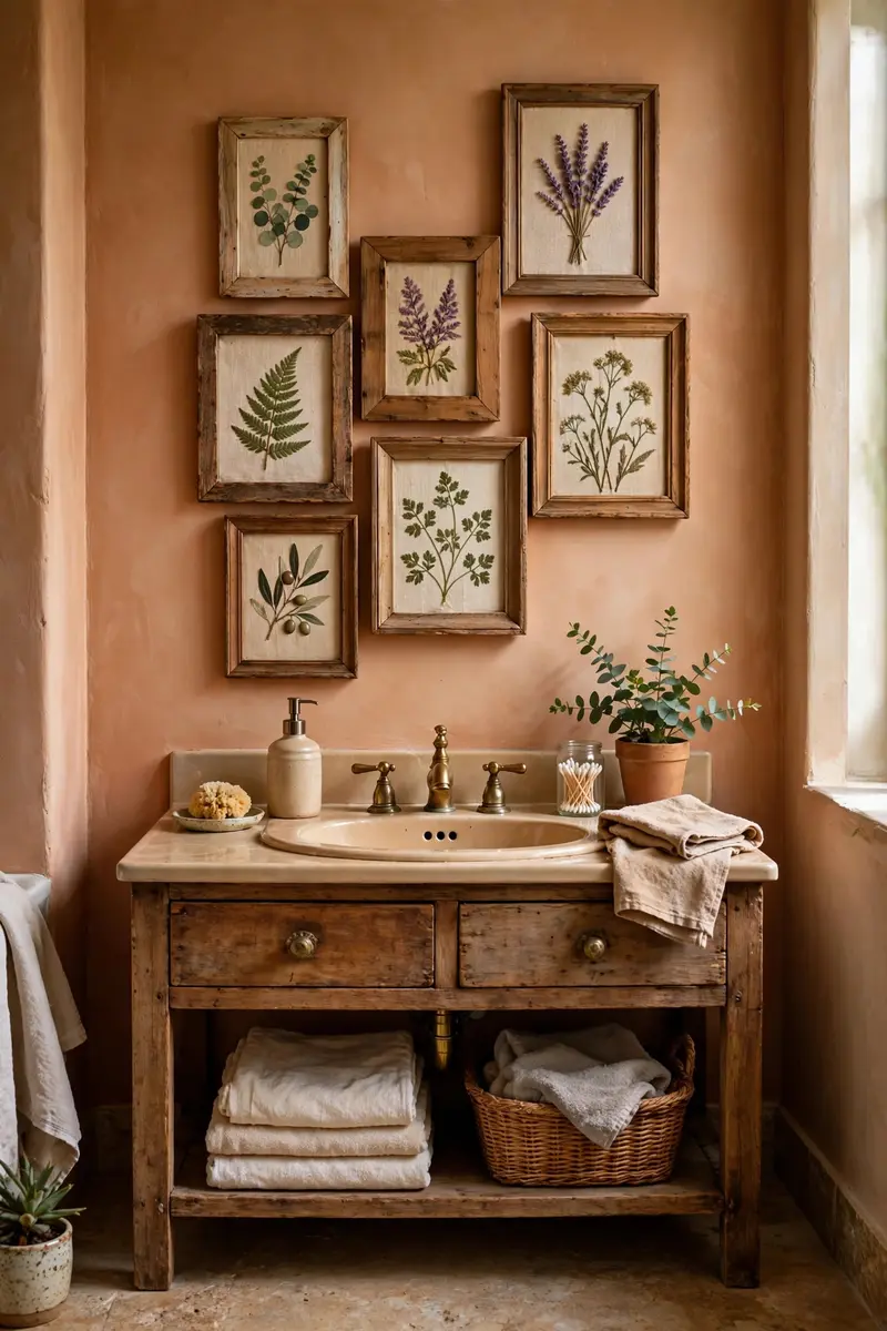 Gallery wall of thrifted frames with botanical fabric art above a bathroom vanity