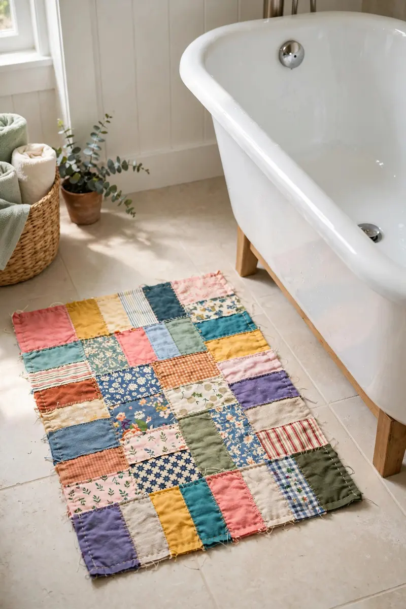 Handmade patchwork bath mat from colorful fabric strips next to a white bathtub
