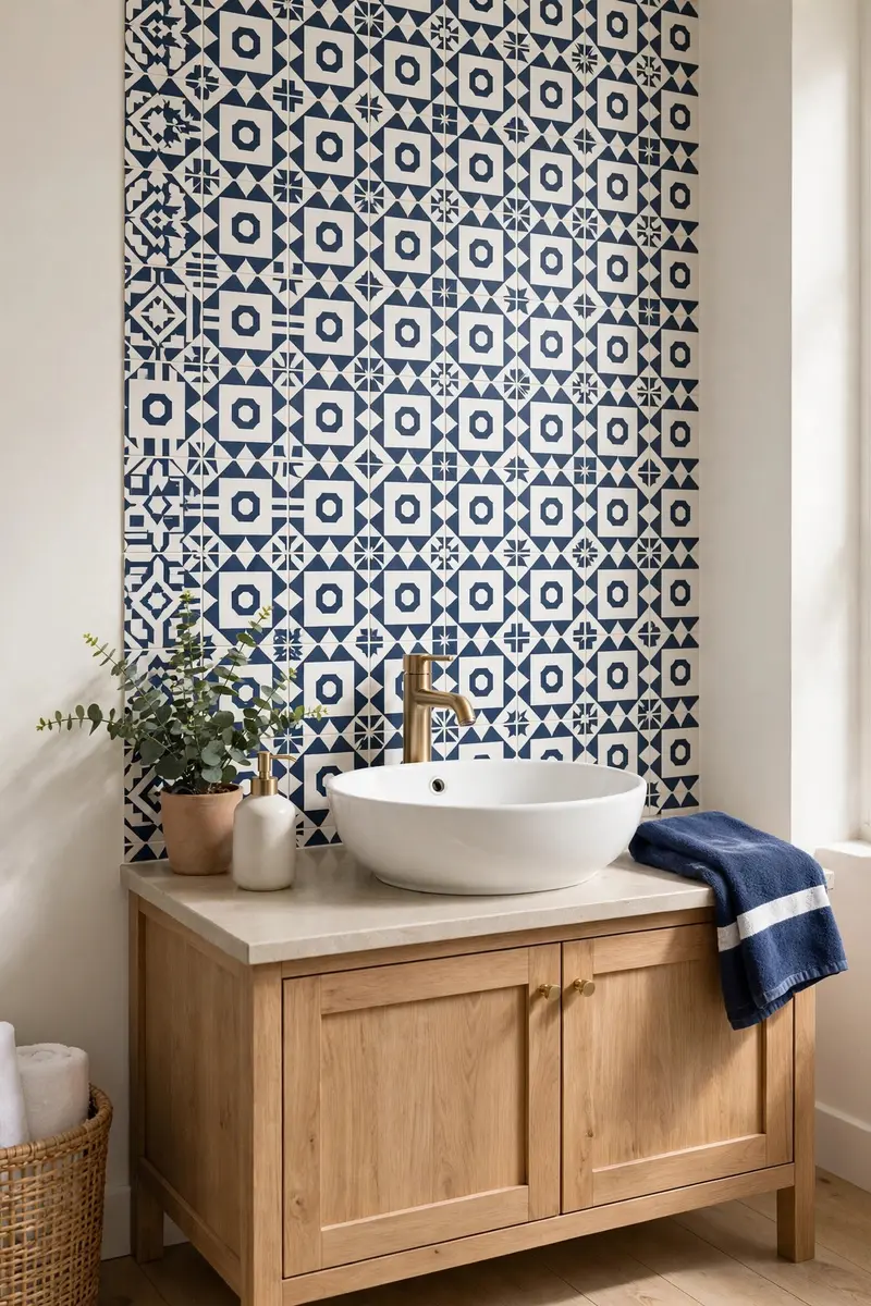 Peel-and-stick geometric tile backsplash behind a white vessel sink
