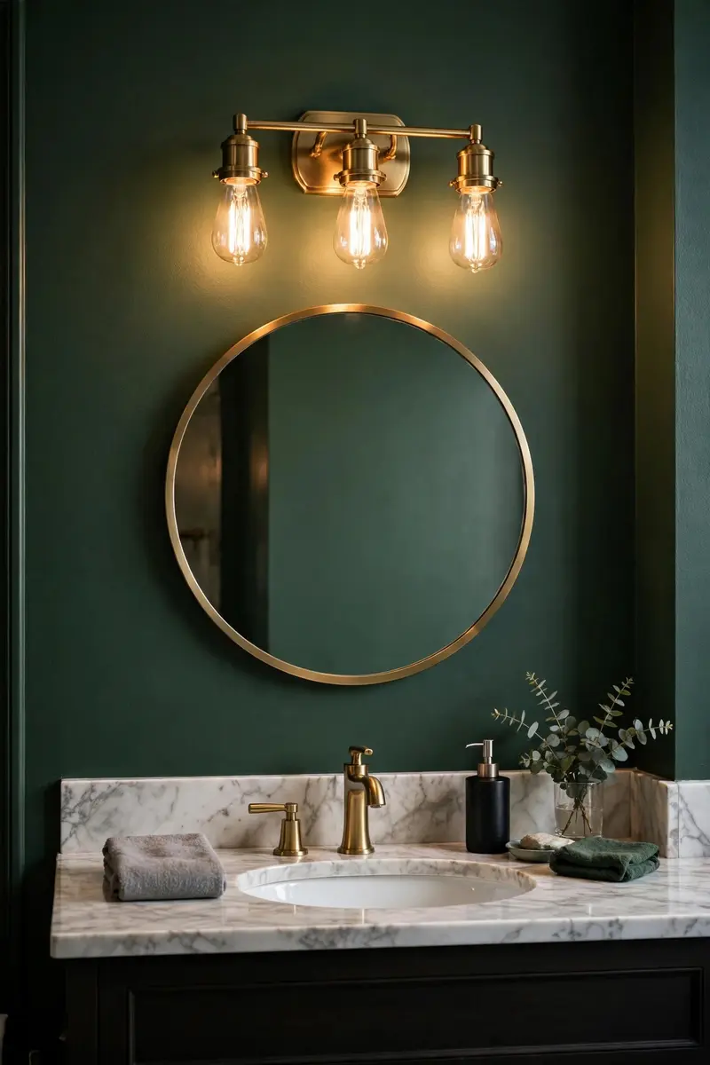 Bathroom vanity light fixture spray-painted brushed brass above a round mirror