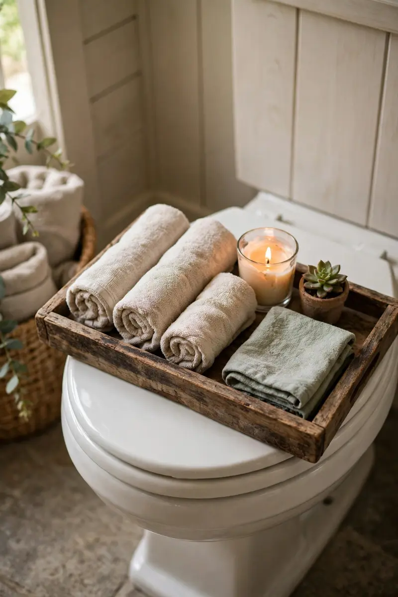 Wooden tray on a toilet lid styled with rolled towels, a candle and a succulent