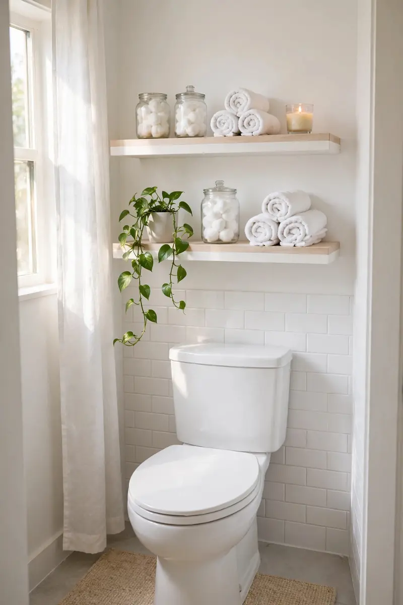 Floating shelves above toilet — small bathroom storage ideas diy with rolled towels, cotton ball jars and a pothos