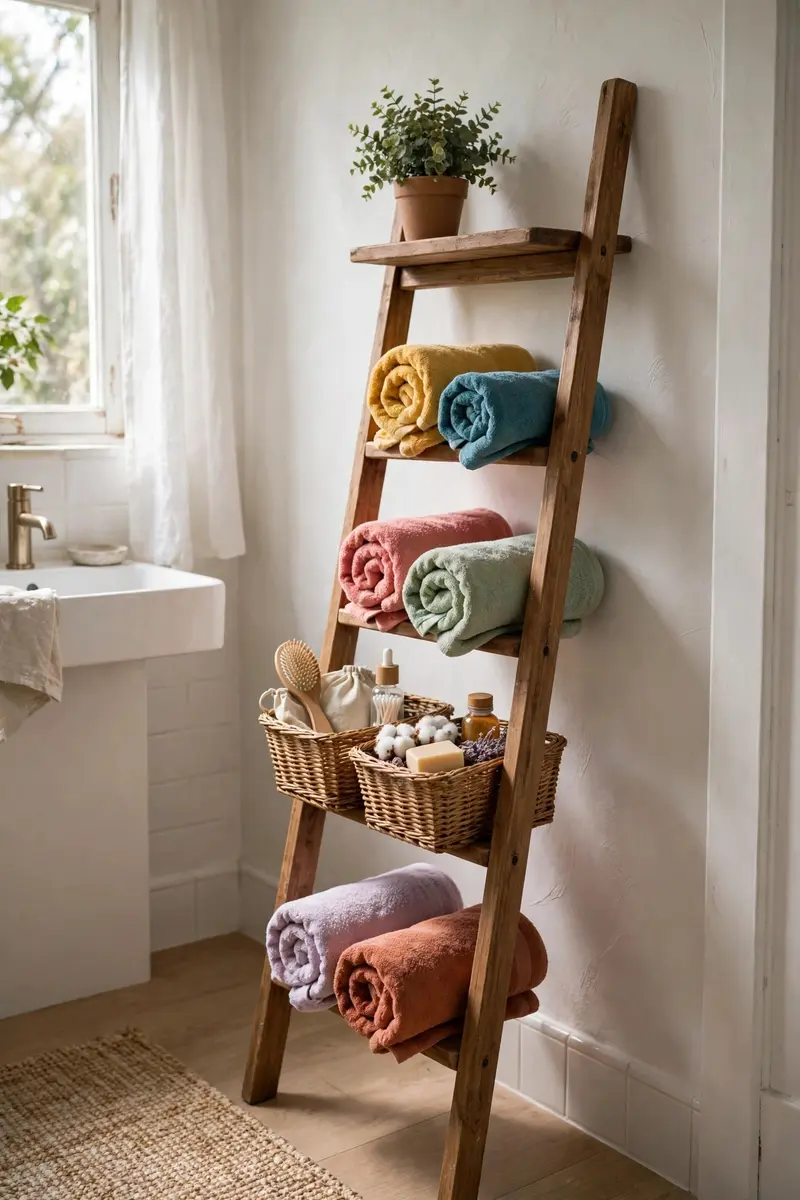 Wooden leaning ladder shelf — small bathroom storage ideas diy holding towels and baskets
