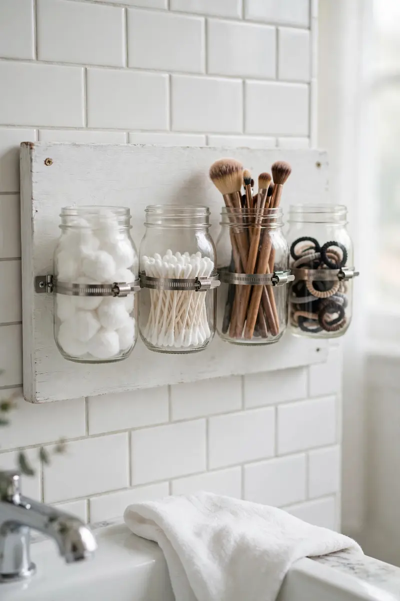 Mason jars clamped to a painted wooden board as a bathroom wall organizer