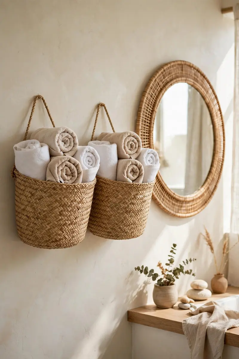 Woven seagrass baskets wall-mounted in a bathroom holding rolled towels