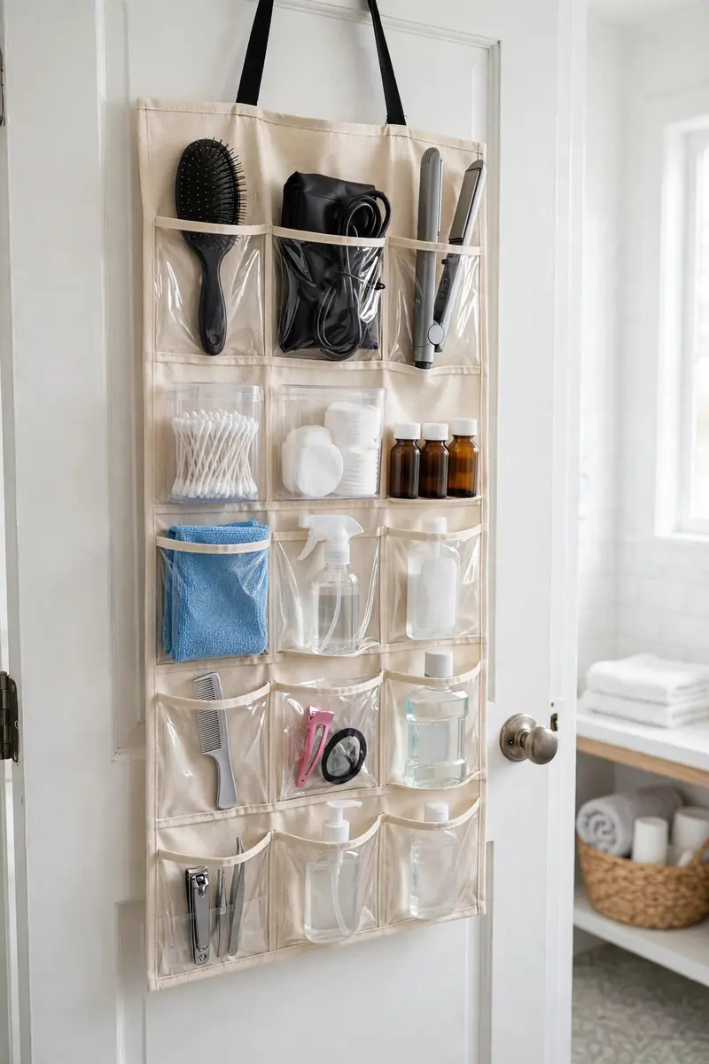 Over-the-door organizer with clear pockets holding bathroom toiletries