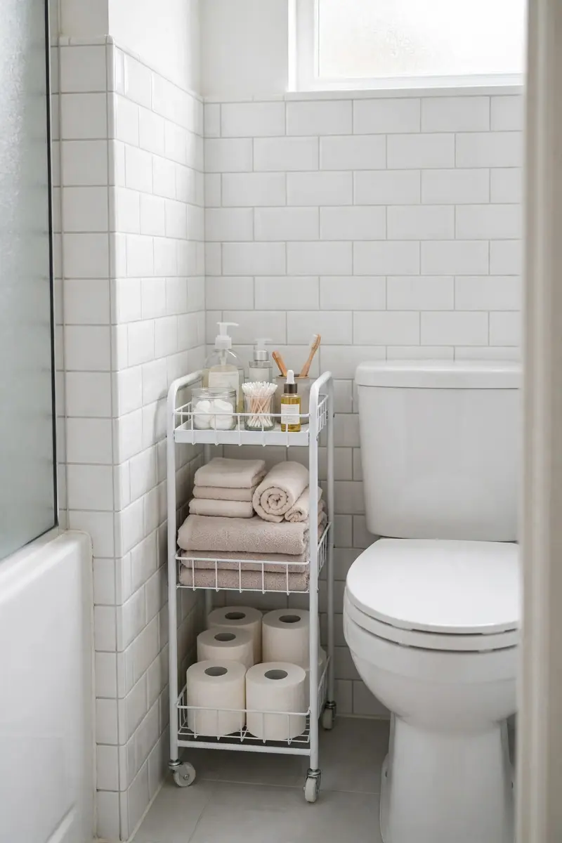 Slim white rolling cart in a narrow gap beside a bathroom vanity