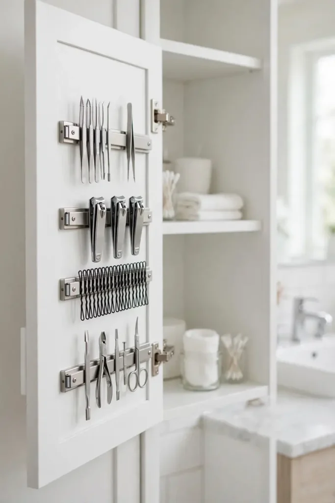 Magnetic strip organizer holding bobby pins and tweezers in a small bathroom