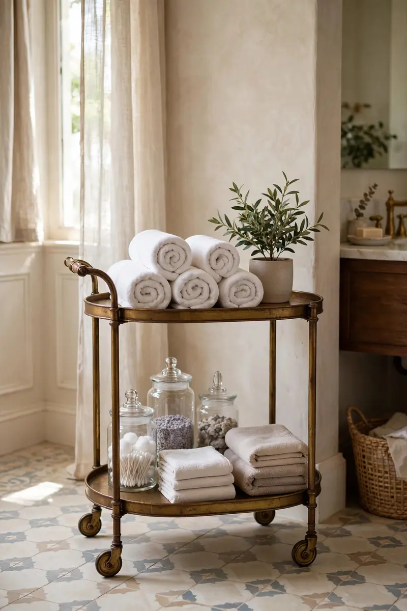 Brass bar cart repurposed as bathroom storage with rolled towels and jars