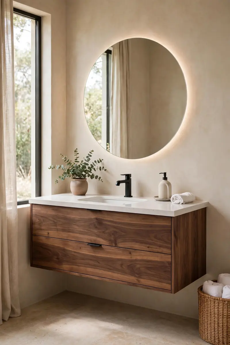 Modern bathroom decor ideas with a floating walnut vanity and round mirror