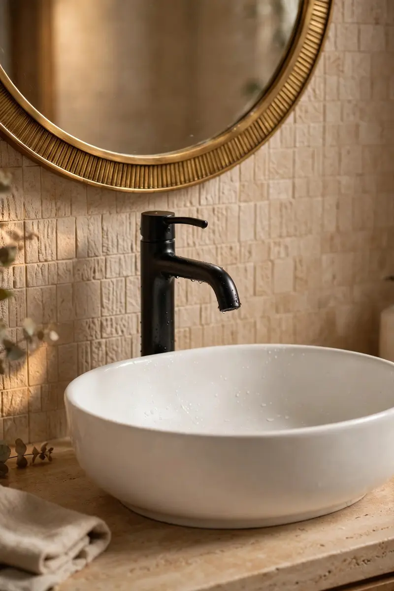 Modern bathroom decor ideas with matte black faucet and brushed brass details