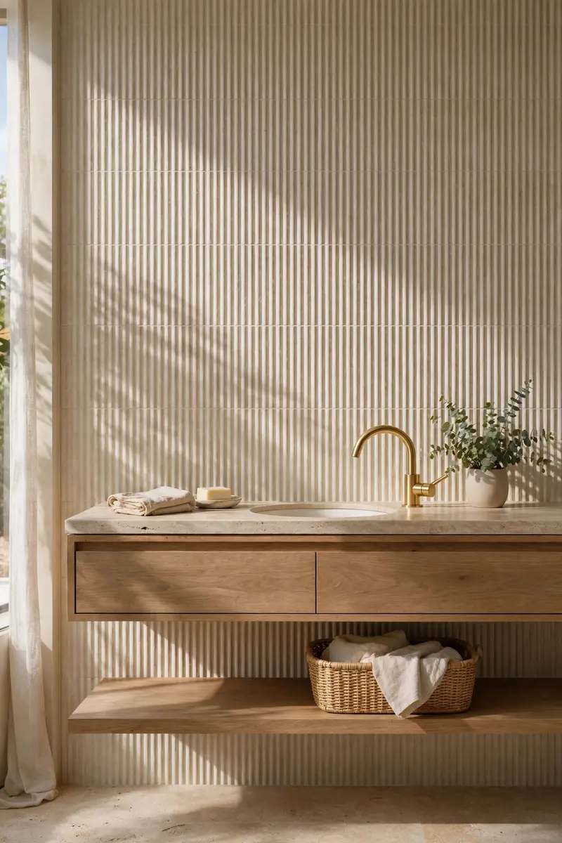 Fluted textured tile accent wall behind a floating wood vanity