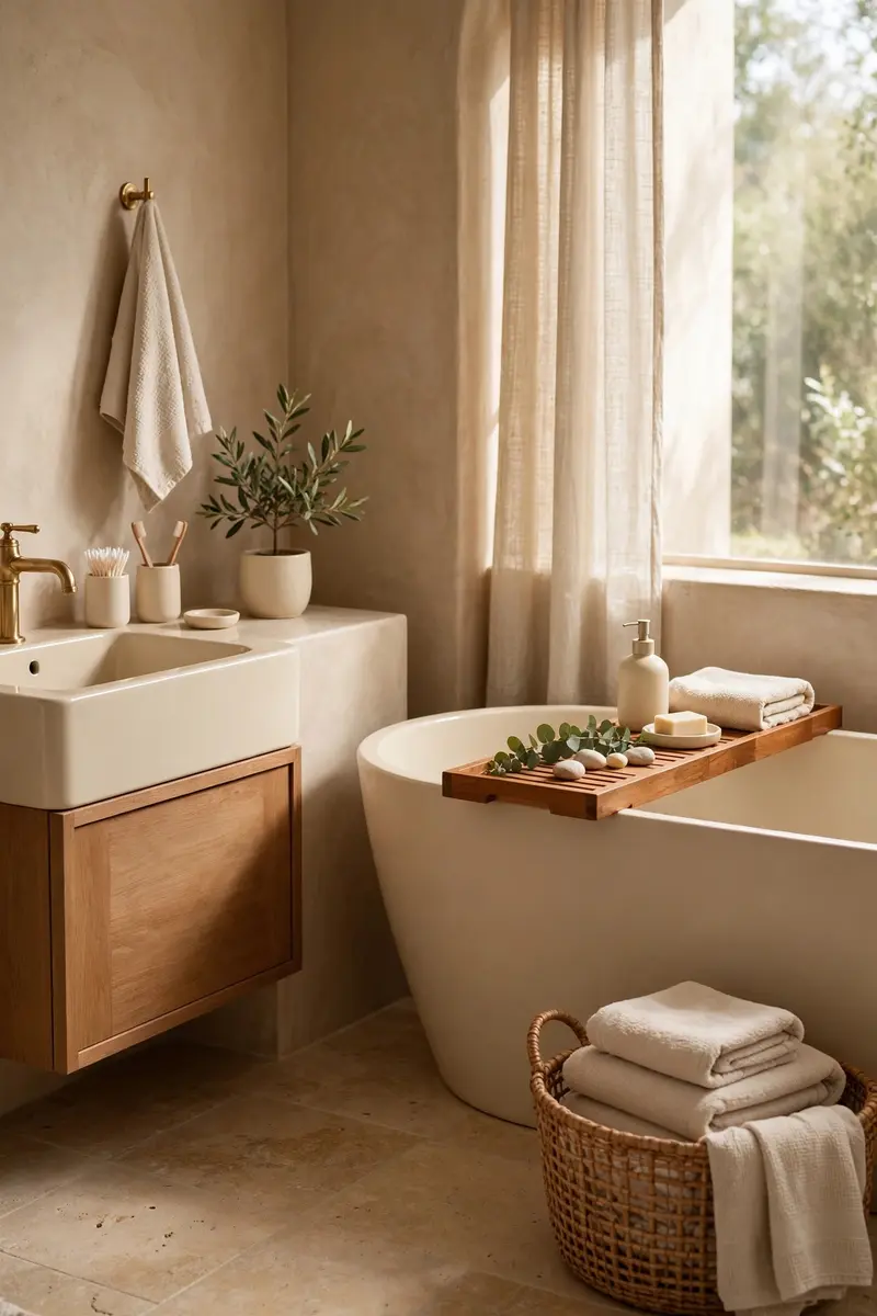Warm earthy neutral bathroom with beige and clay tones