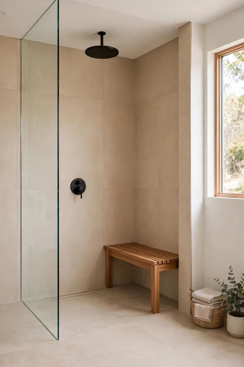 Frameless glass walk-in shower with large-format warm tiles