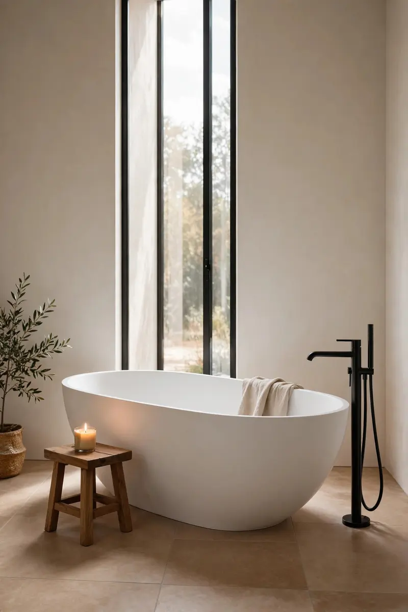 Freestanding white soaking tub under a tall bathroom window