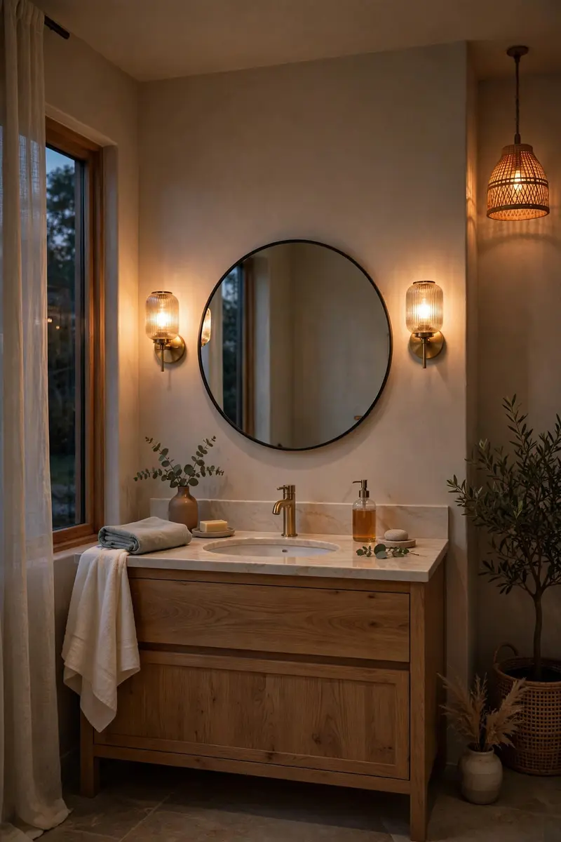 Layered bathroom lighting with wall sconces and a pendant light