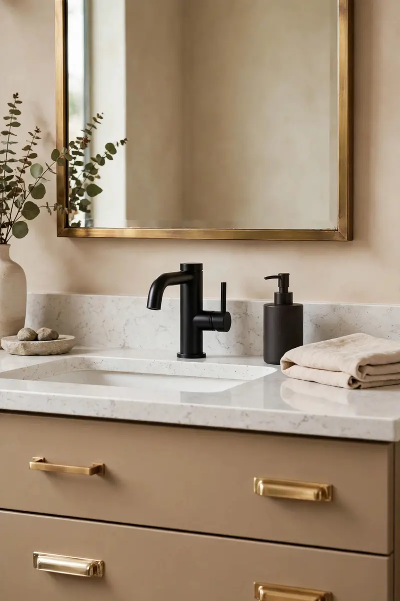Mixed metal bathroom fixtures in matte black and warm brass