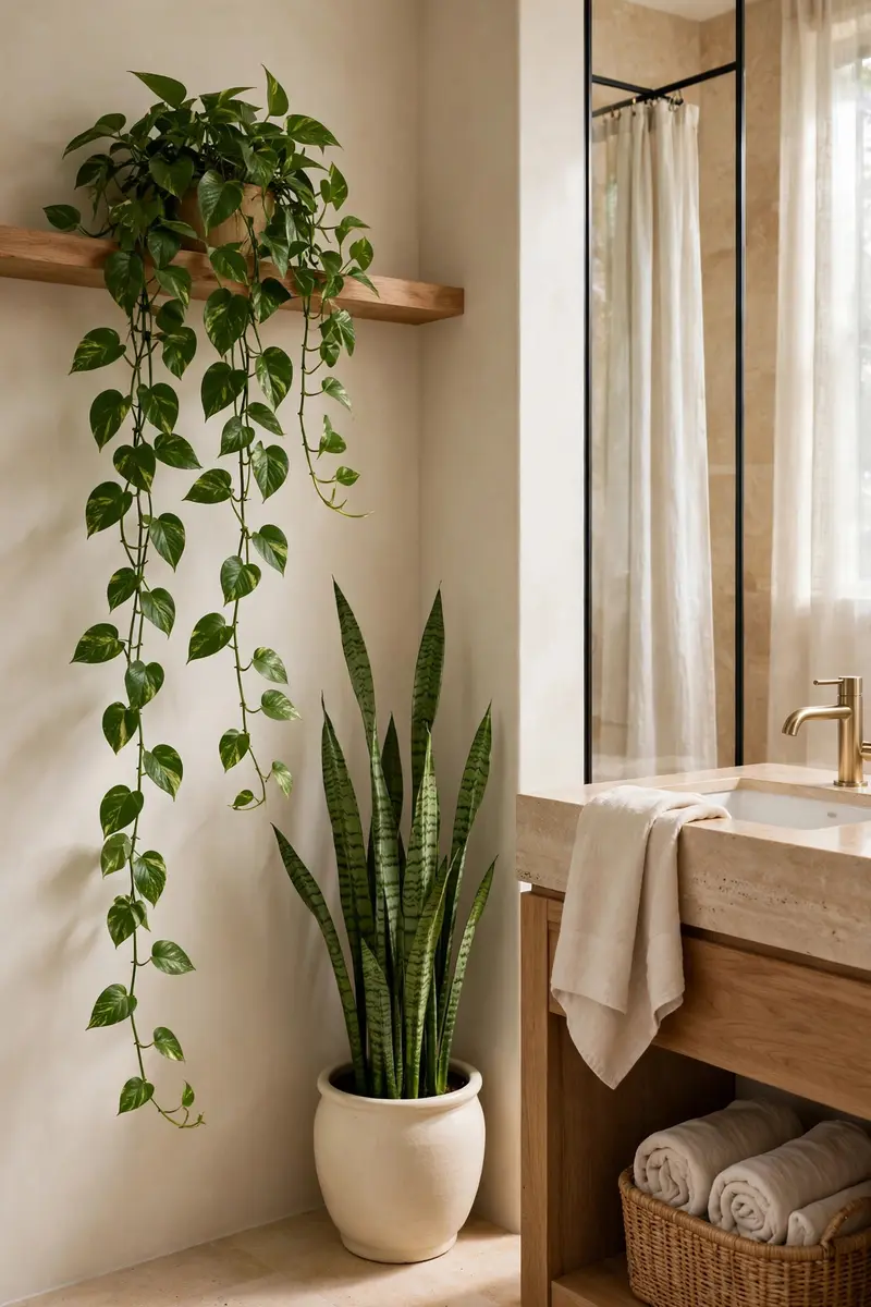 Lush green houseplants styled in a modern bathroom