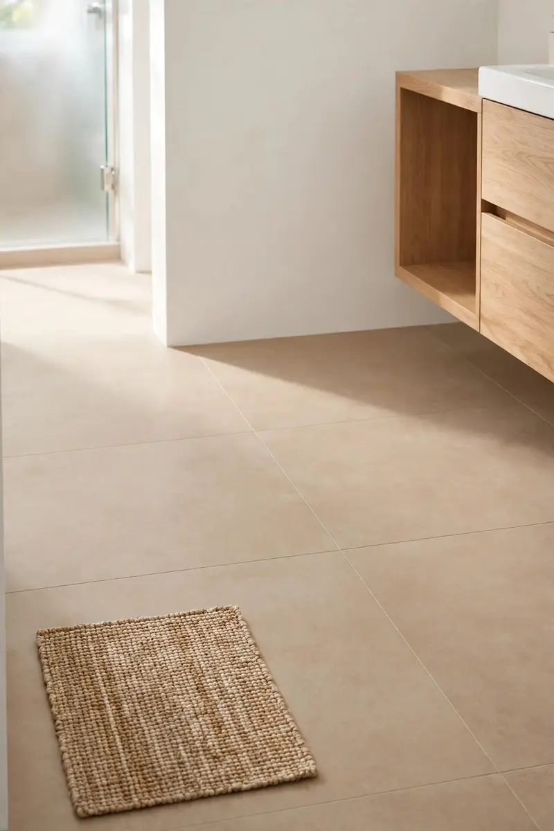 Large-format warm beige tile floor in a modern bathroom