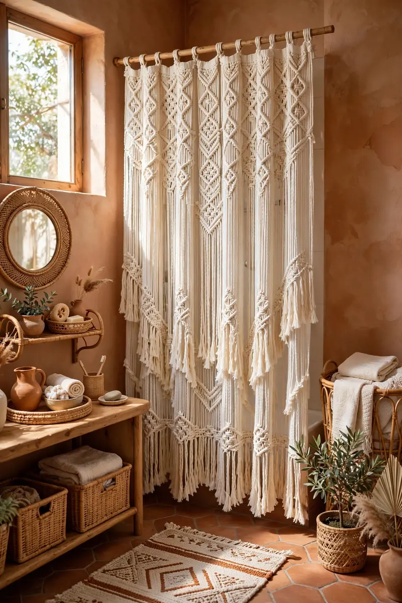 Boho bathroom decor ideas on a budget — fringed macrame shower curtain in a terracotta bathroom