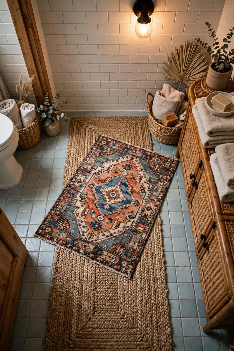 Boho bathroom decor ideas with layered rugs — jute runner under a patterned Turkish rug