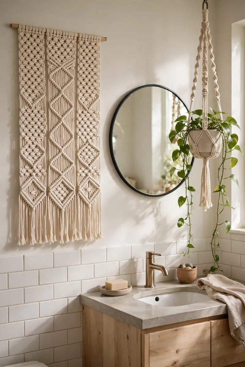 Boho bathroom decor ideas — macrame wall hanging and hanging pothos in a bathroom