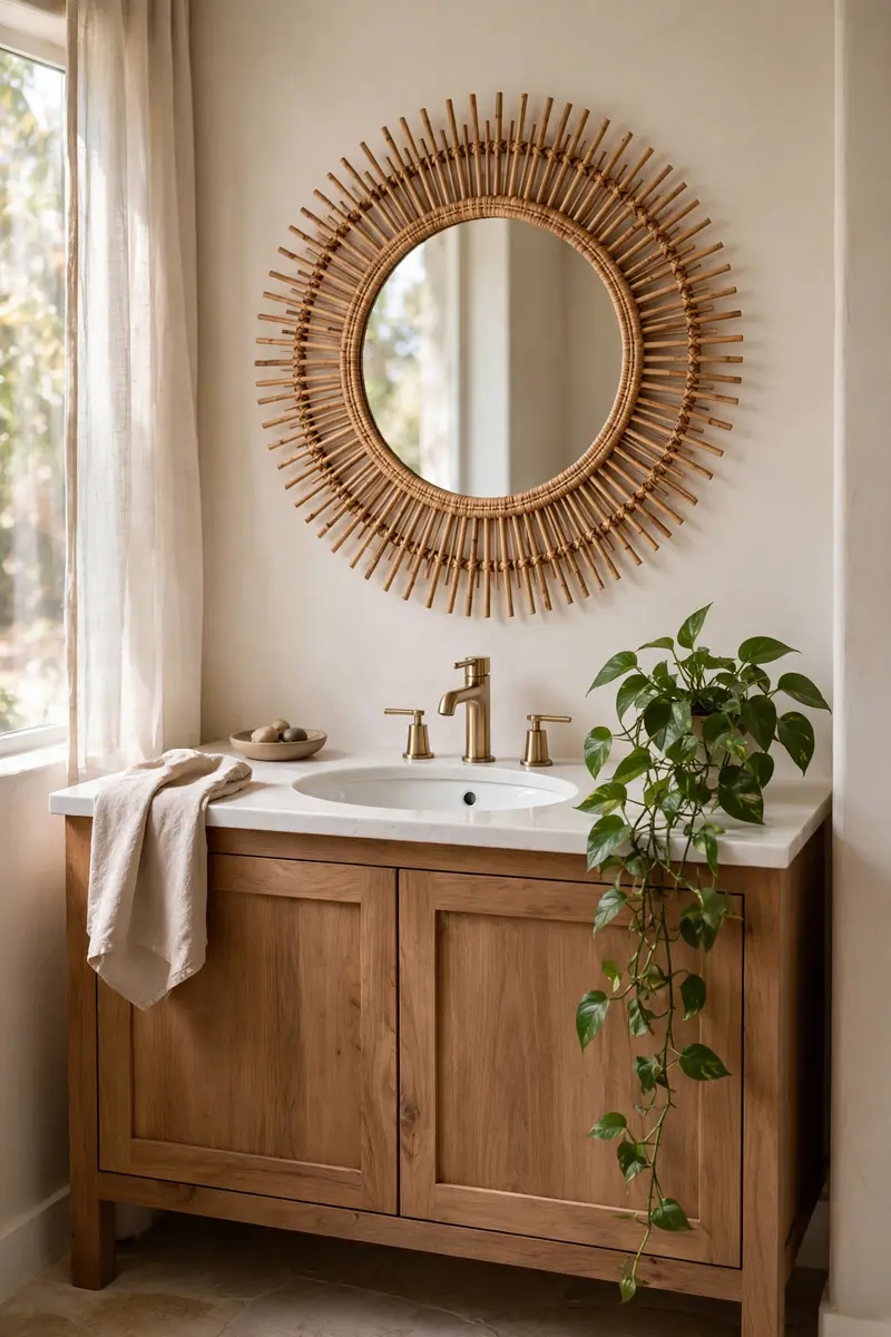 Round rattan sunburst mirror above a white bathroom sink