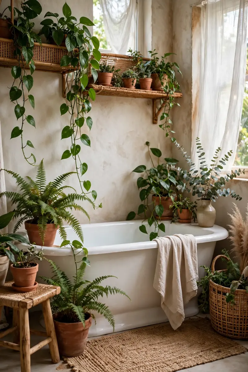 Lush houseplants around a white bathtub in a boho bathroom